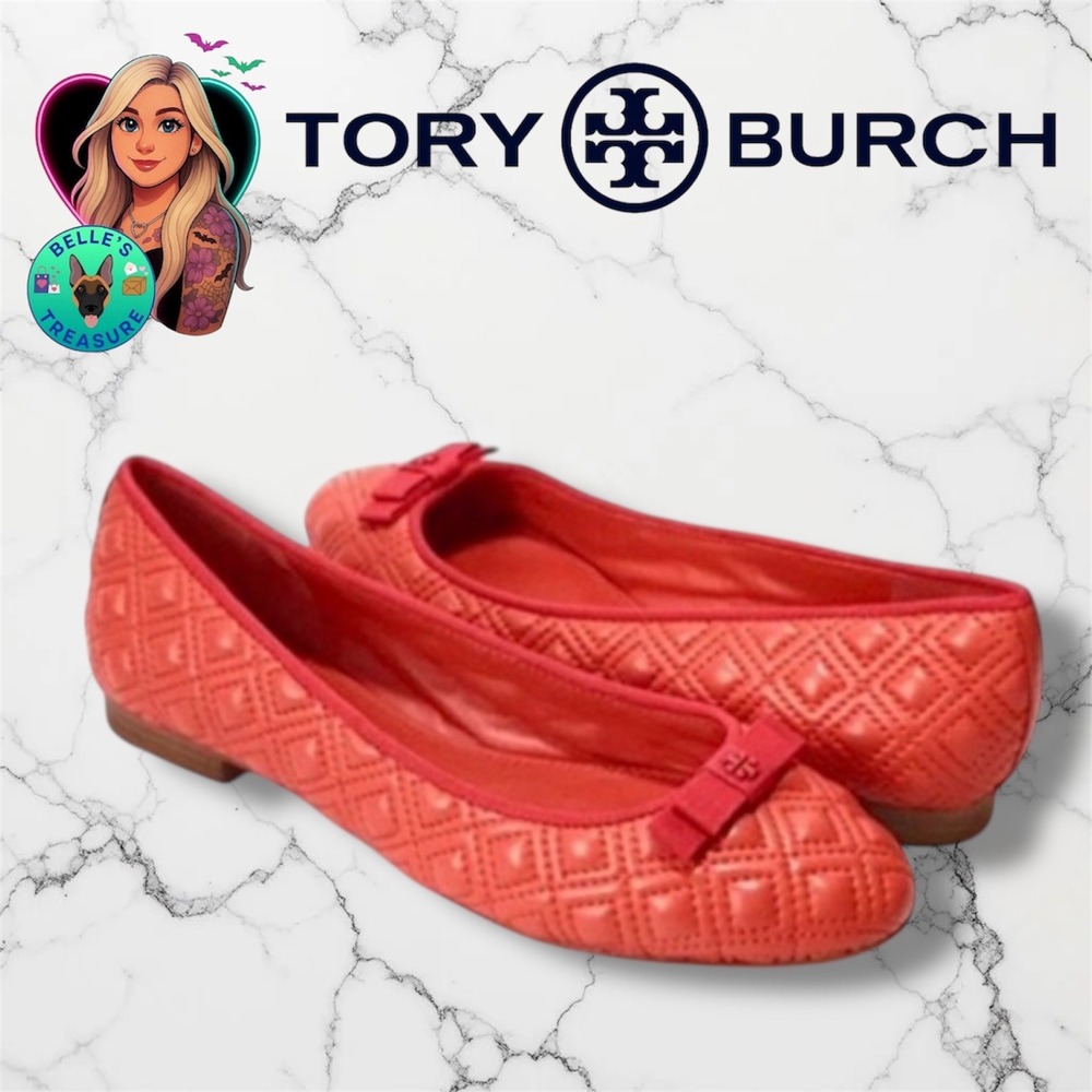 Tory Burch Marion Quilted Leather Ballet Flats Samba Red Bow Logo 7M Dress Shoes